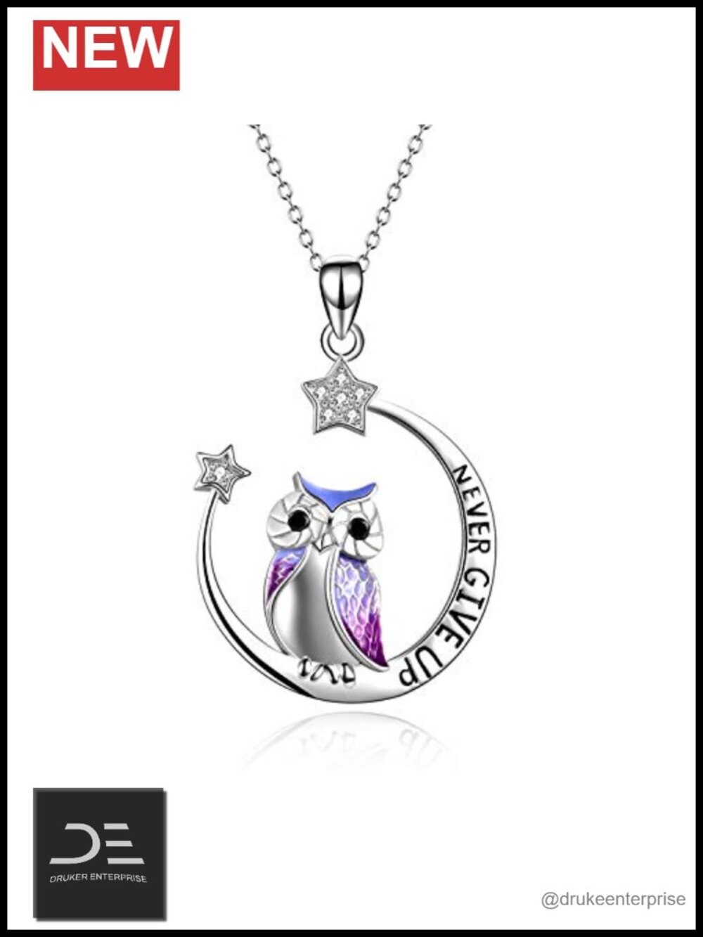 Sterling Silver Owl Pendant Necklace Cubic Zirconia Moon Star 18 Inch